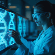 A scientist in a lab coat and safety glasses touching a glowing, holographic screen displaying a digital double helix DNA structure.